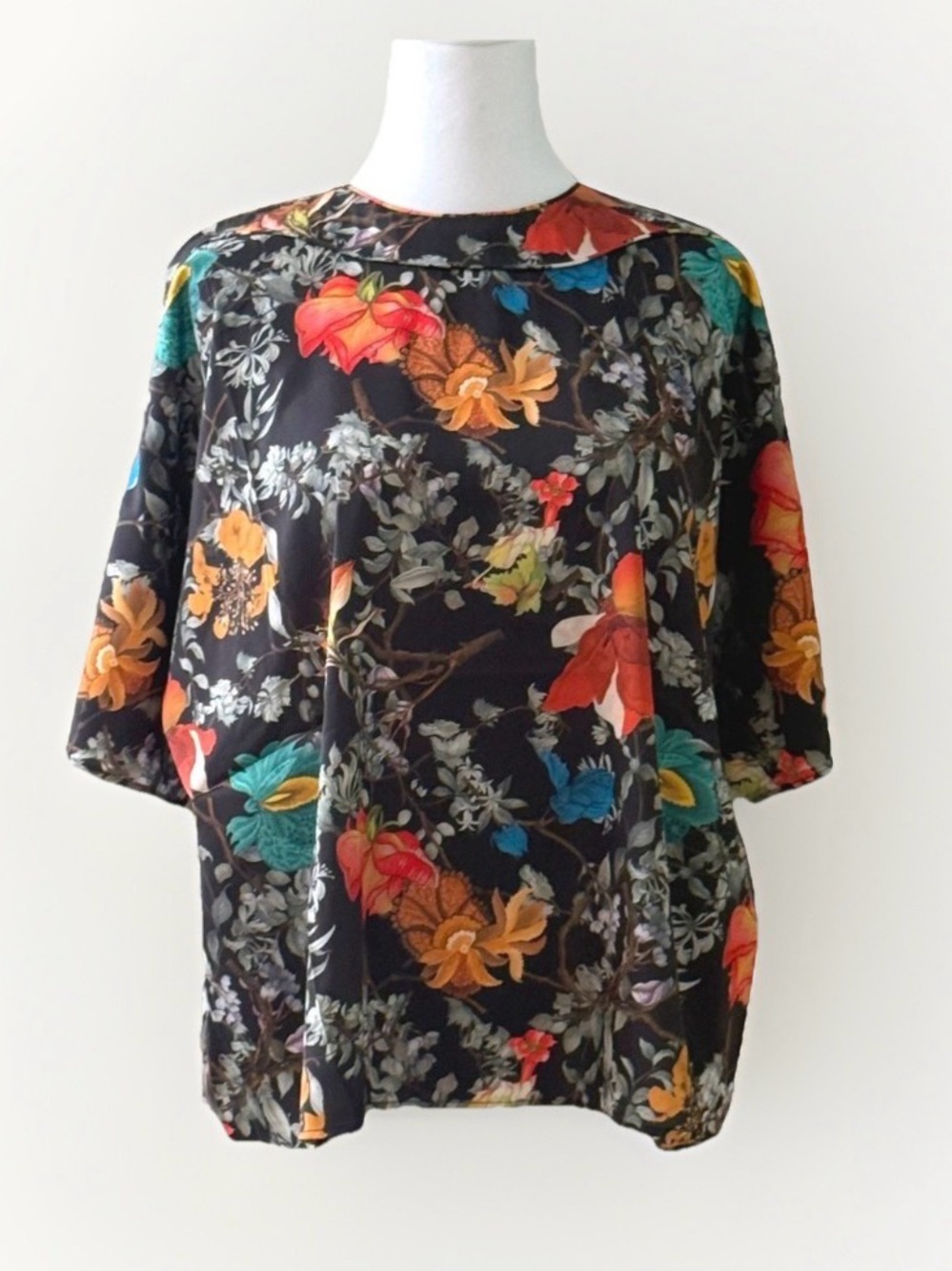 Pari Passu Marni Floral Print Boat Neck‎ Blouse Black Gold Zip Top Size 16